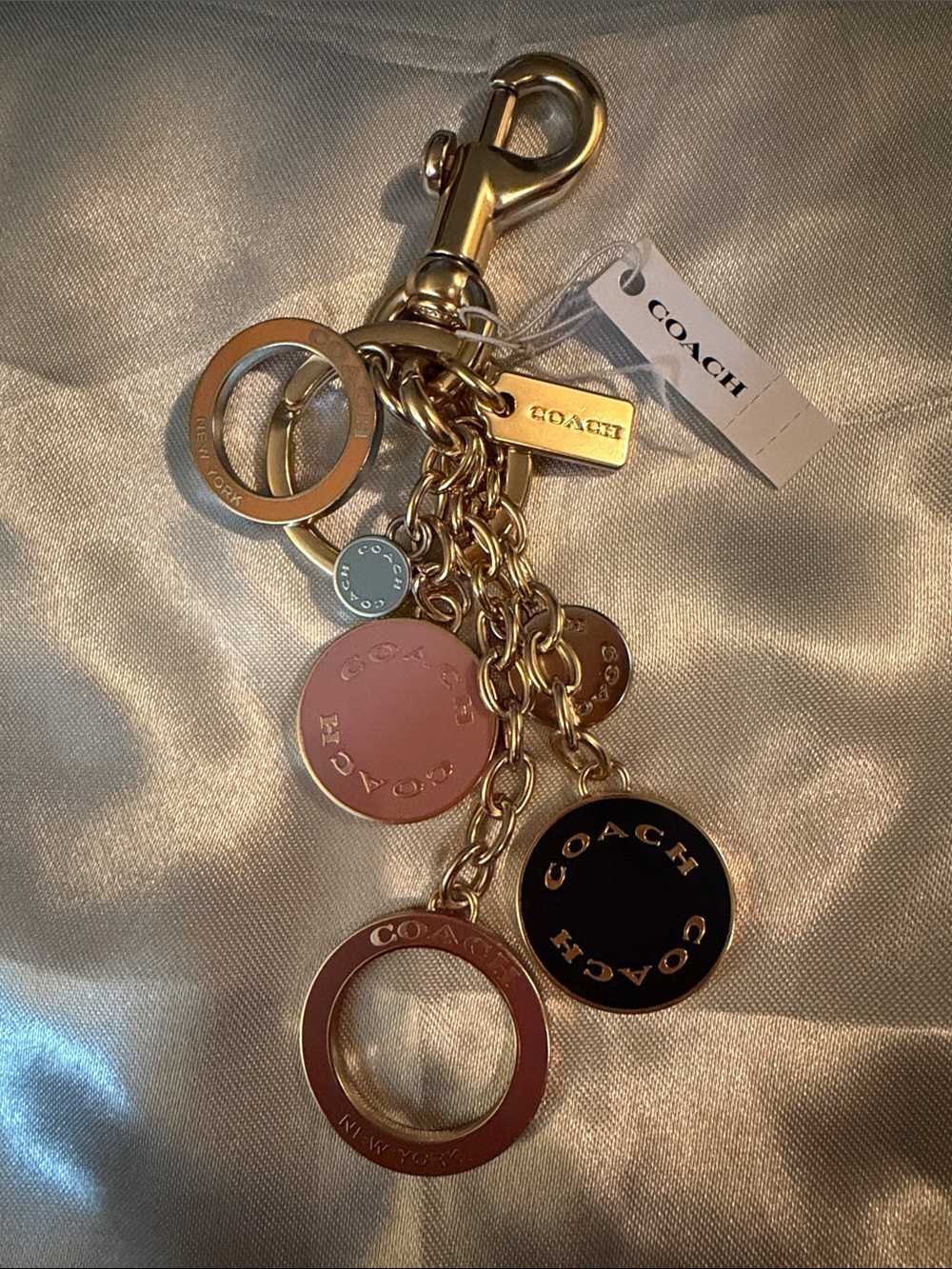 Coach Gold-Tone Multi Charm Key & Card Holder with Pink and Black Accents